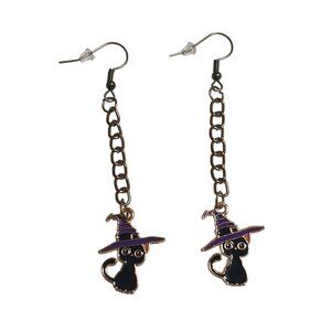 Halloween Dangle Earrings Black Cat Enamel Charms Bronze Chains Purple Witch Hat